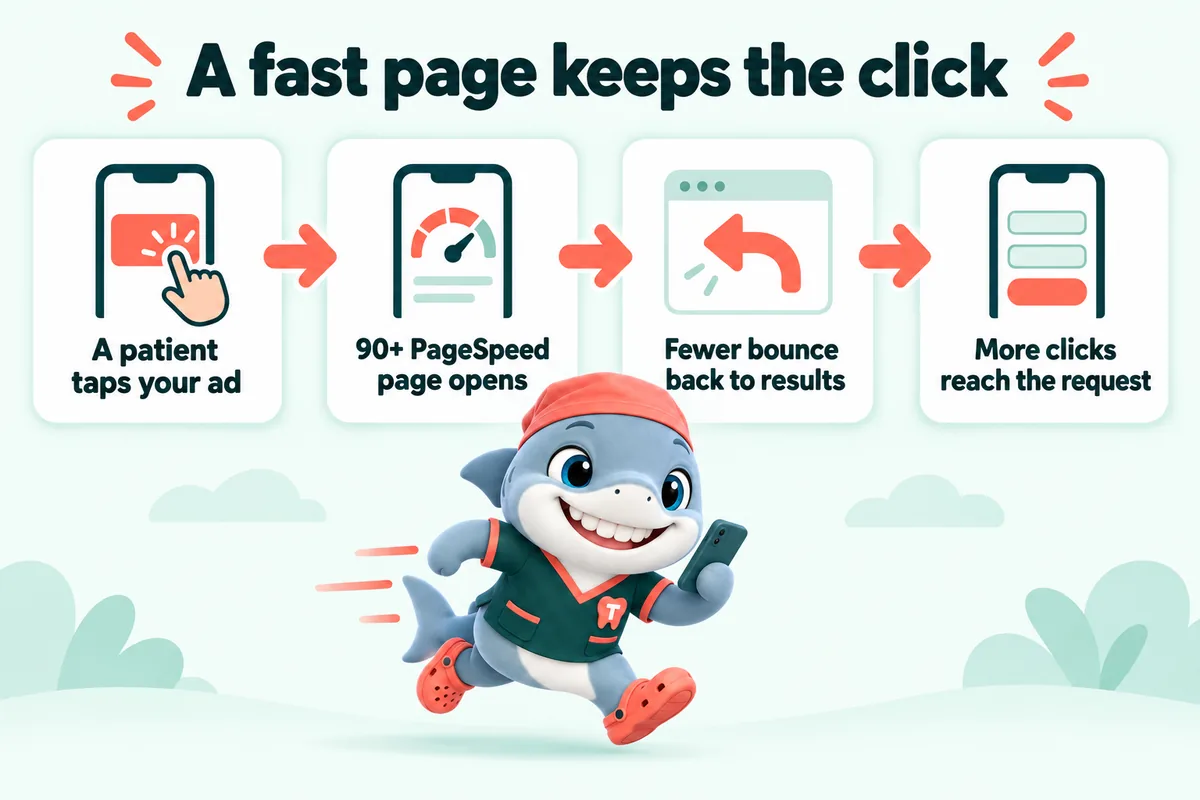 Infographic with Tuna, the GetDentalWebsite mascot: A fast page keeps the click. A patient taps your ad. 90+ PageSpeed page opens. Fewer bounce back to results. More clicks reach the request.
