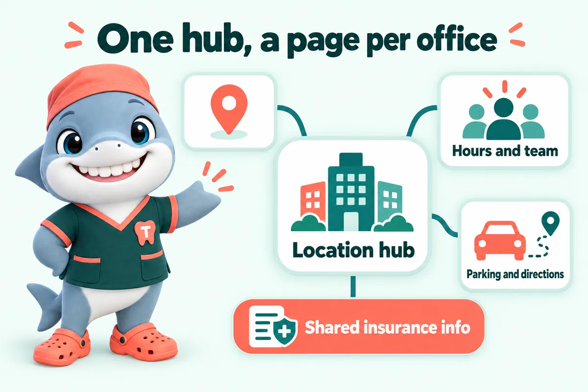 Infographic with Tuna, the GetDentalWebsite mascot: One hub, a page per office. Location hub. Hours and team. Parking and directions. Shared insurance info.