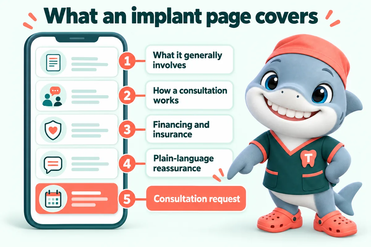 Infographic with Tuna, the GetDentalWebsite mascot: What an implant page covers. What it generally involves. How a consultation works. Financing and insurance. Plain-language reassurance. Consultation request.