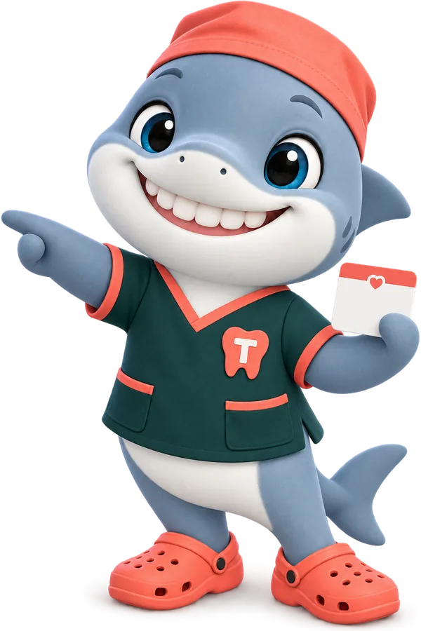 Tuna, the GetDentalWebsite shark mascot, pointing at the live booking requests on the practice website