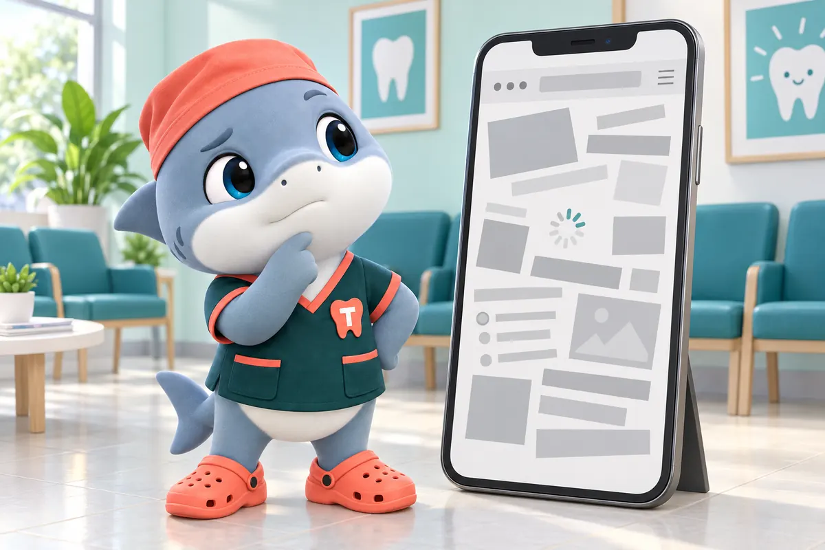 Tuna, the GetDentalWebsite shark mascot, thinking hard in front of a giant phone that shows a jumbled, half-loaded practice website in an empty waiting room