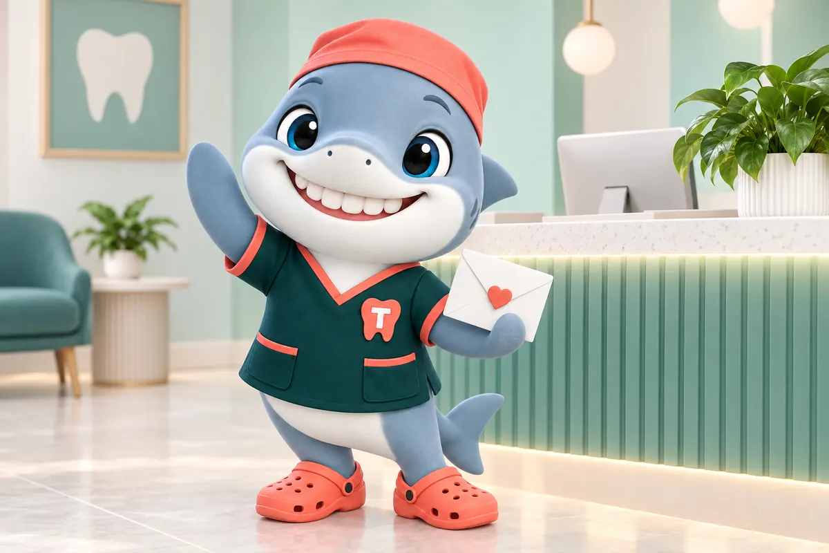 Tuna, the GetDentalWebsite shark mascot, waving hello from a dental reception counter with an envelope in one fin